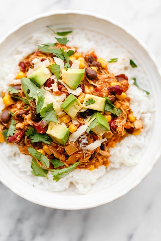 Crock Pot Chicken Taco Chili is an easy slow cooker dump recipe using freezer and pantry staples!