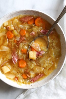 Overhead view of ham and potato soup made with leftover ham bone